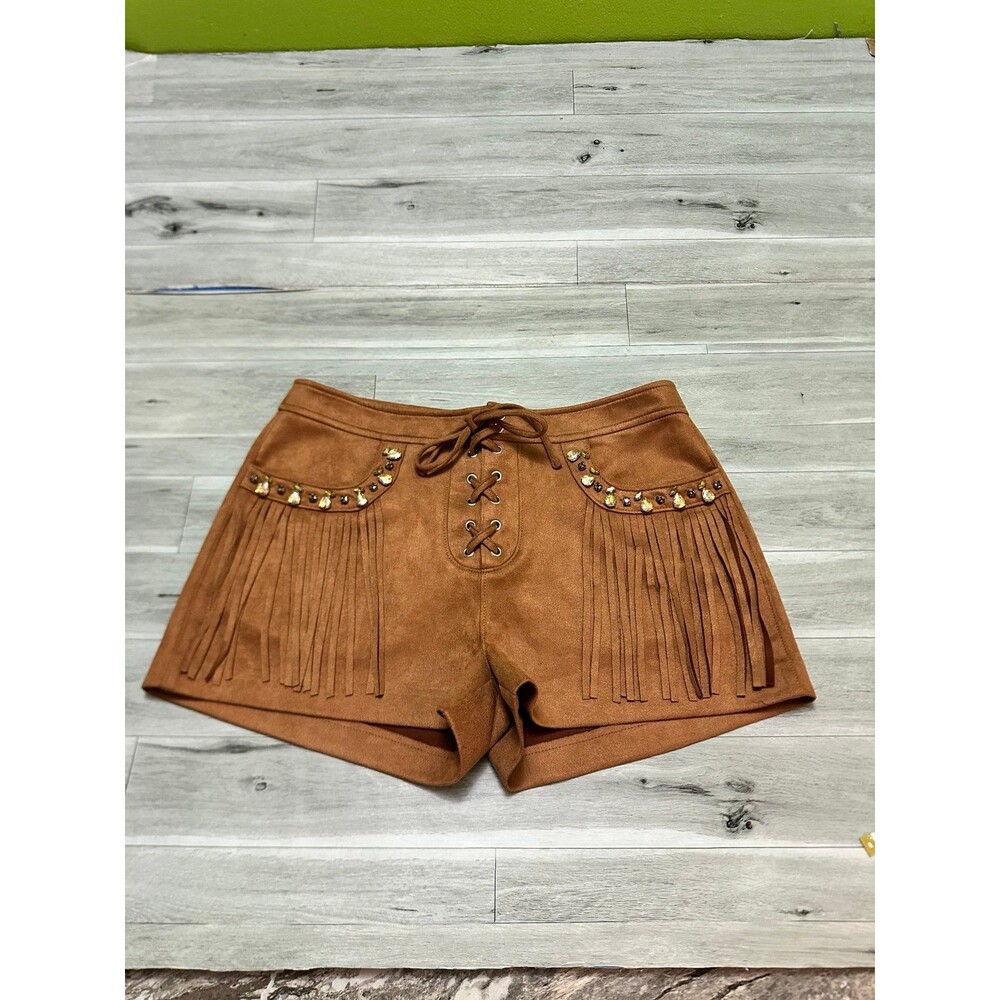 Steve Madden Brown Fringe Suede-Look Lace-Up Shorts S - Picture 4 of 11